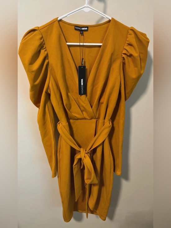 Fashion Nova Dresses & Skirts - Fashion Nova Mustard Yellow Long Sleeve Wrap Dress. Knee length. large. W/Tags.